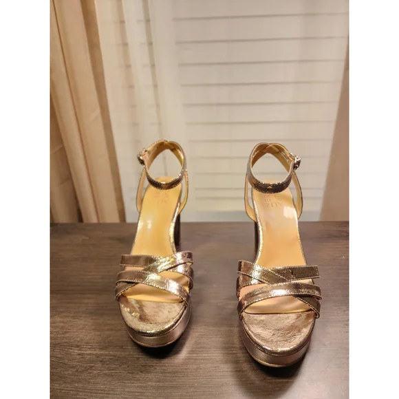 Naturalizer Cracked LEATHER Pumps Platform Dress Sandals 9.5 M Luna Bronze Gold - Picture 10 of 15